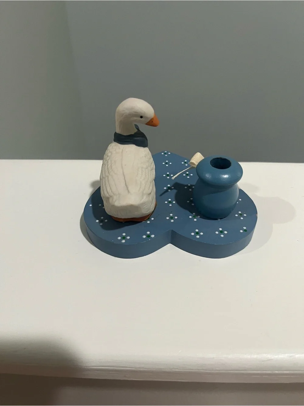 Cottagecore 1988 candle holder goose with bow Blue Heart Duck Figurine with Bow